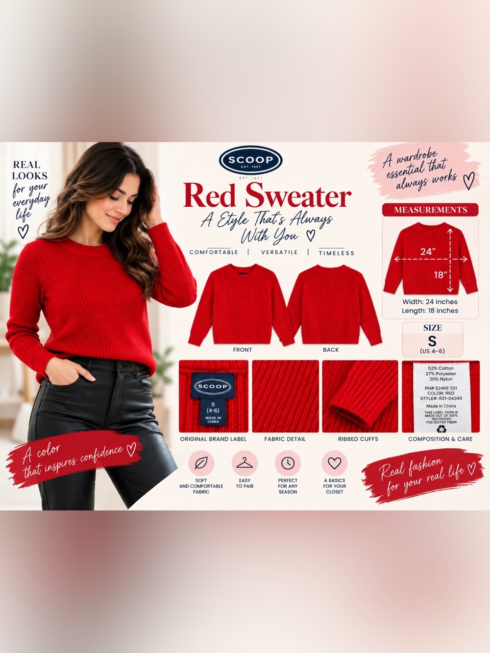 Scoop Red Ribbed Crewneck Sweater - Women's